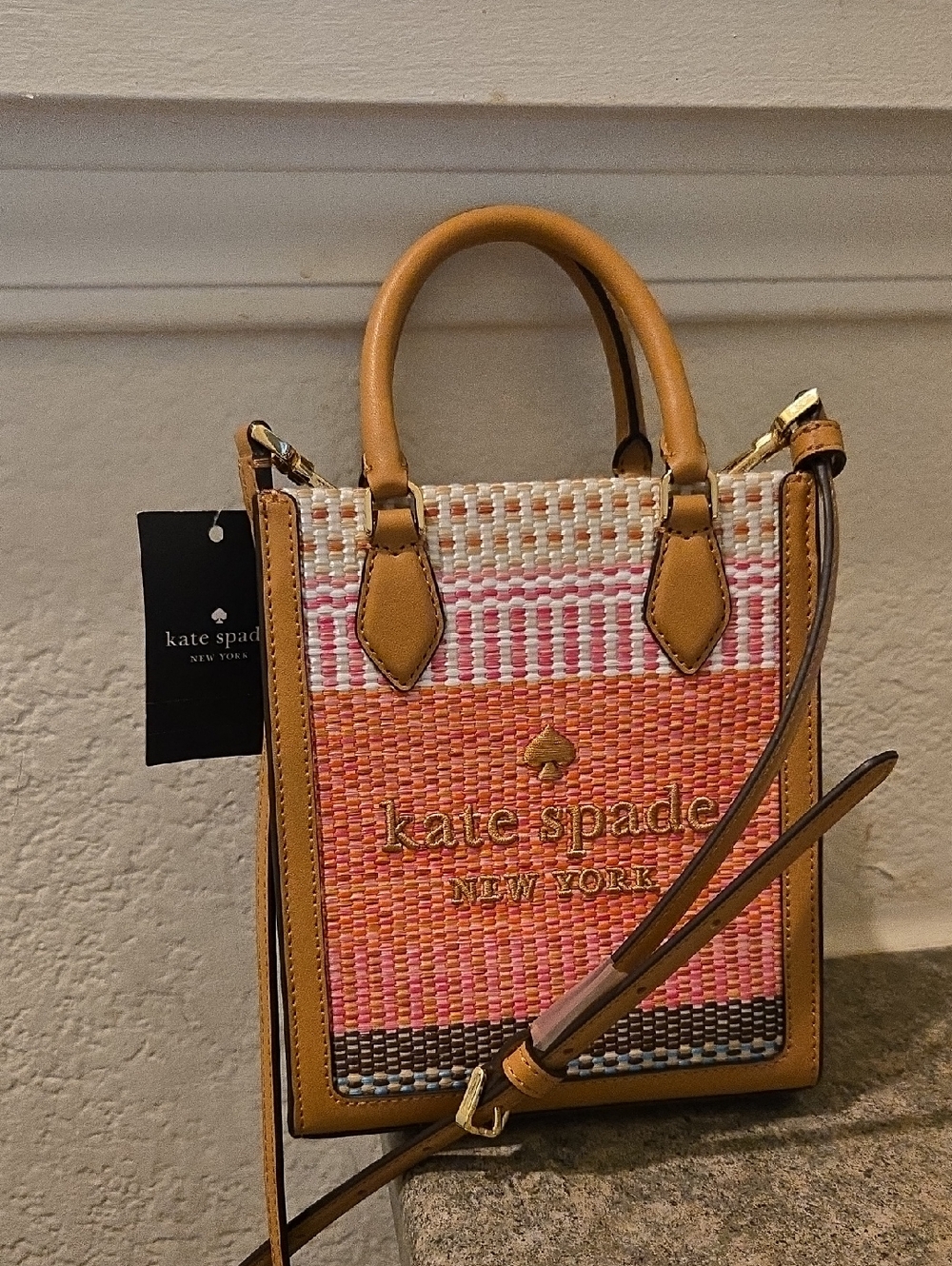 Kate spade Pink and Orange Woven Mini Tote with Tan Leather Trim Nwt